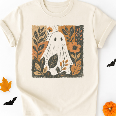 Abstract Ghost & Wildflowers Folk Art Fall & Autumn Graphic Tee | Halloween Shirt