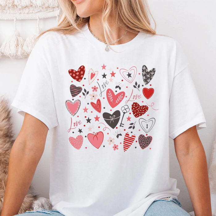 Boho Hearts Collage Valentine's Day Graphic Tee, Valentines Shirt