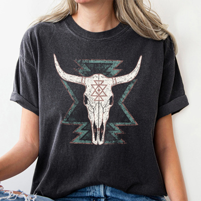 Boho Western Steer Skull Desert Cowboy Cowgirl Graphic Tee | Western Shirt