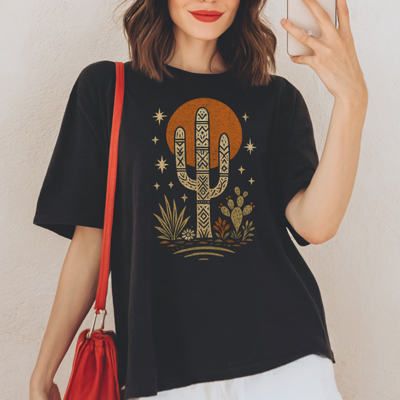 Boho Desert Simple Sunset Cactus Western Graphic Tee | Summer Shirt