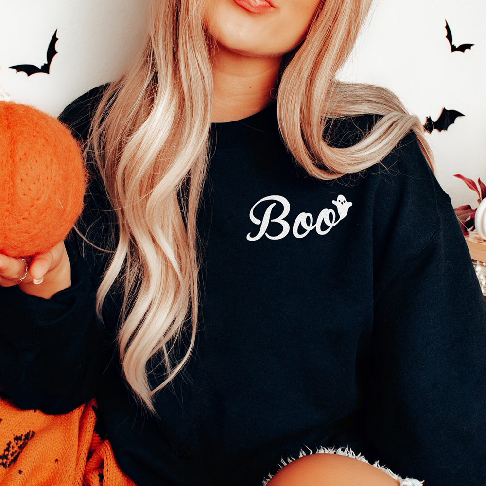 Boo Ghost Cute Fall & Halloween Pocket Graphic Sweatshirt