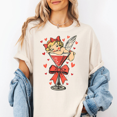 Cherub Cupid Martini & Coquette Bow Retro Love Valentine's Day Graphic Tee, Valentines Shirt