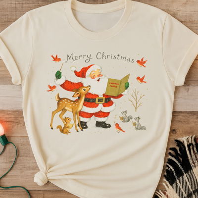Vintage Santa & Woodland Friends Animal Deer Squirrel Christmas Graphic Tee | Christmas Shirt