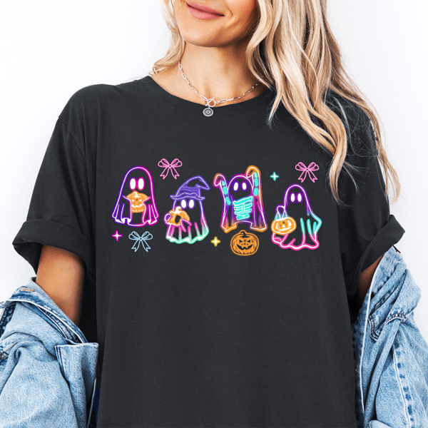 Cute Ghosts & Coquette Bows Spooky Halloween Graphic Tee