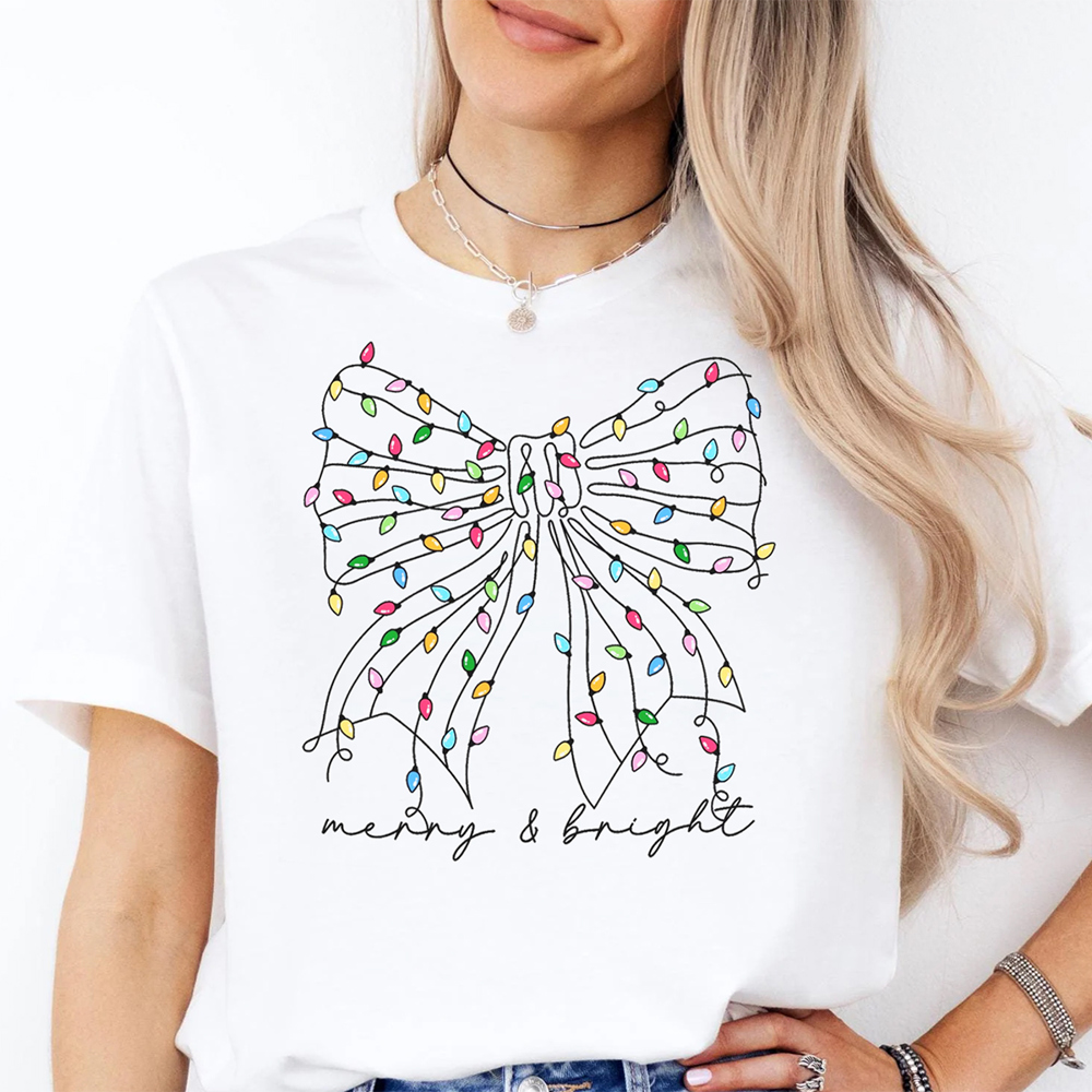 Coquette Bow With Christmas Lights Graphic Tee