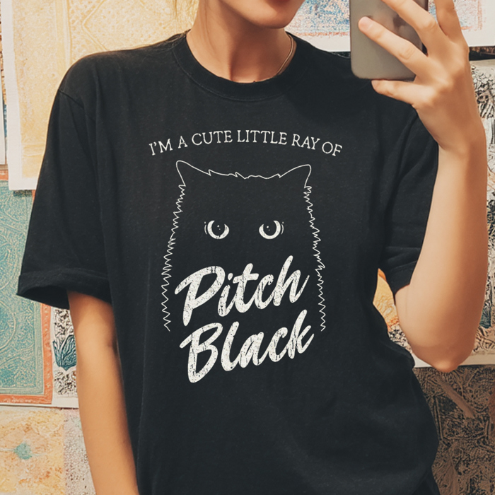 Black Cat Cute Little Ray Of Pitch Black Funny Fall & Autumn Graphic Tee | Halloween Shirt