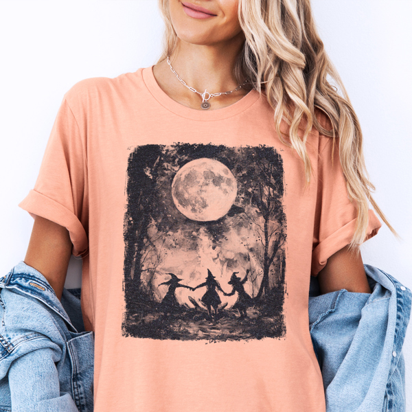 Vintage Dancing Witches Full Moon Halloween Graphic Tee