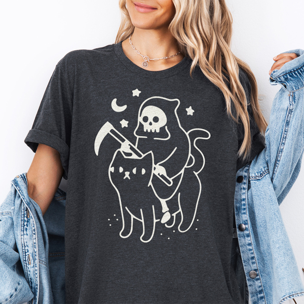 Death Grim Reaper Riding Cat Halloween Graphic Tee