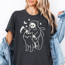  Death Grim Reaper Riding Cat Halloween Graphic Tee