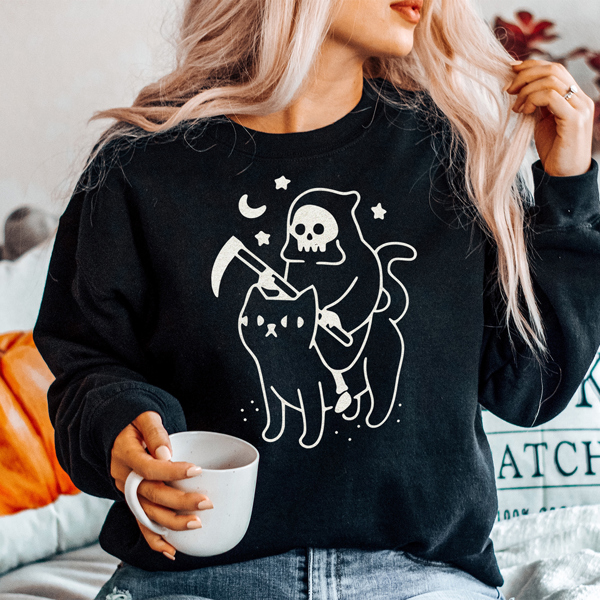 Death Grim Reaper Riding Cat Halloween Graphic Sweatshirt