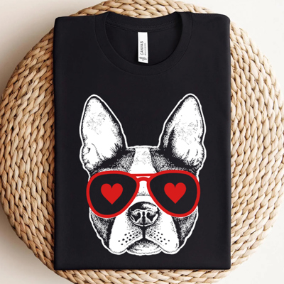 Dog With Heart Shades Valentine's Day Pup Graphic Tee Shirt, Valentines Shirt