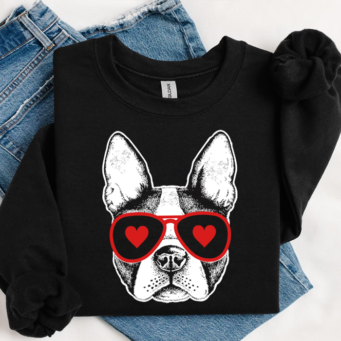 Dog With Heart Shades Valentine's Day Pup Graphic Sweatshirt, Valentines Shirt, Valentines Sweatshirt