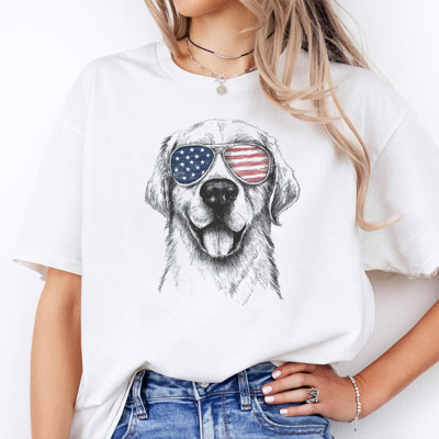 Patriotic Golden Retriever USA Flag Shades Sketch Animal Dog Graphic Tee | 4th Of July Tee