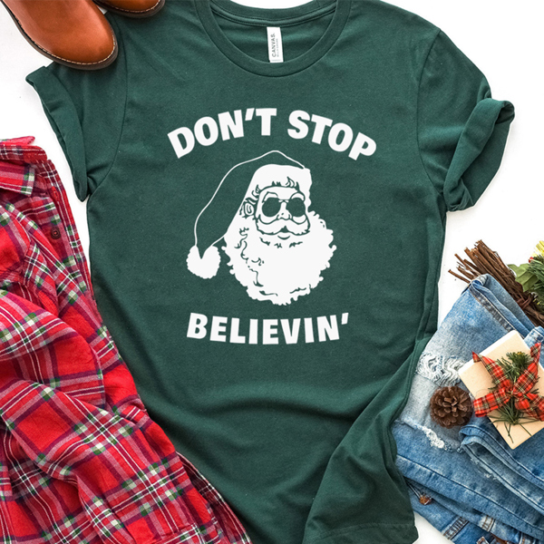 Don't Stop Believin' Funny Santa Christmas Graphic Tee