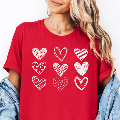 Doodle Hearts Love Collage Valentine's Day Graphic Tee, Valentines Shirt