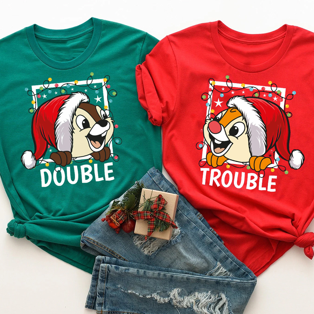 Double Trouble Chipmunks Matching Christmas Holiday Couple Graphic Tees