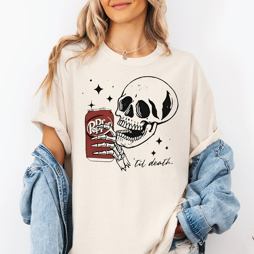 Dr. Pepper Til Death Skeleton Funny Graphic Tee