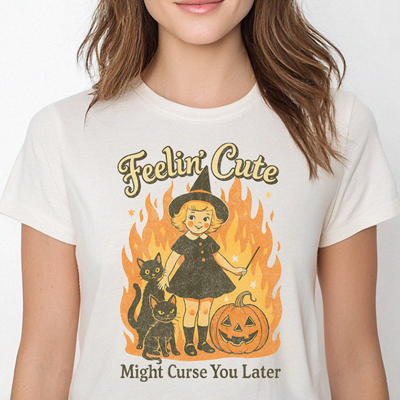 Feelin' Cute Funny Retro Witch Vintage Fall & Autumn Graphic Tee | Halloween Shirt