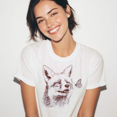 Happy Fox & Butterfly Hand Drawn Animal Nature Summer Graphic Tee | Animal Tee