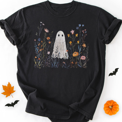 Ghost & Wildflowers Spooky Floral Fall & Autumn Graphic Tee | Halloween Shirt