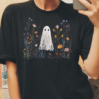 Ghost & Wildflowers Spooky Floral Fall & Autumn Graphic Tee | Halloween Shirt