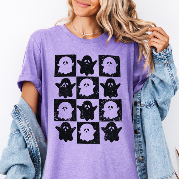 Cute Mini Ghost Checker Boho Spooky Fall & Halloween Graphic Tee