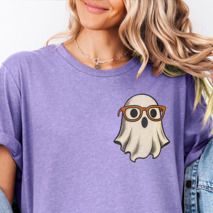Cute Ghost With Glasses Book Lover Pocket Teacher Fall & Autumn Graphic Tee | Hallowen Shirt