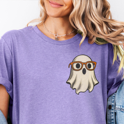 Cute Ghost With Glasses Book Lover Pocket Teacher Fall & Autumn Graphic Tee | Hallowen Shirt