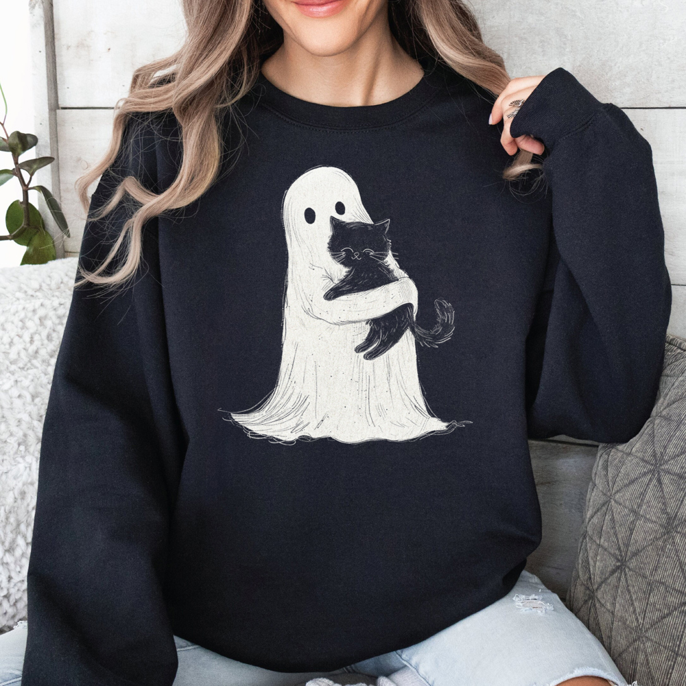 Ghost Holding Kitten Fall & Halloween Graphic Sweatshirt