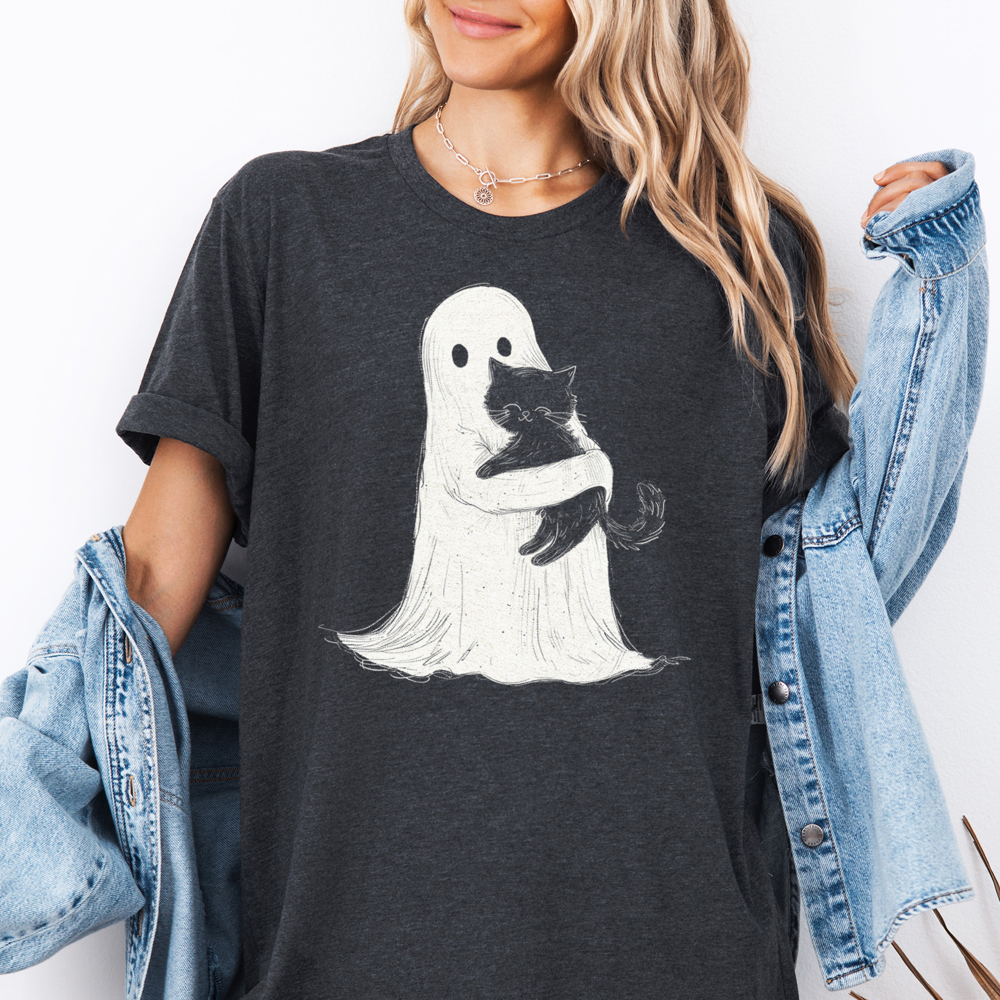 Ghost Hugging Black Cat Cute Halloween Graphic Tee