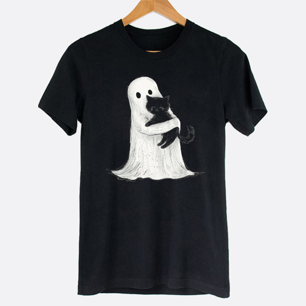 Ghost Hugging Black Cat Cute Halloween Graphic Tee