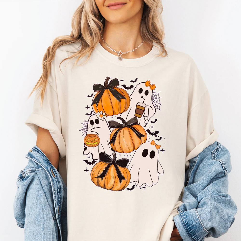 Cute Ghost Pumpkins Bows Coquette Fall & Halloween Graphic Tee