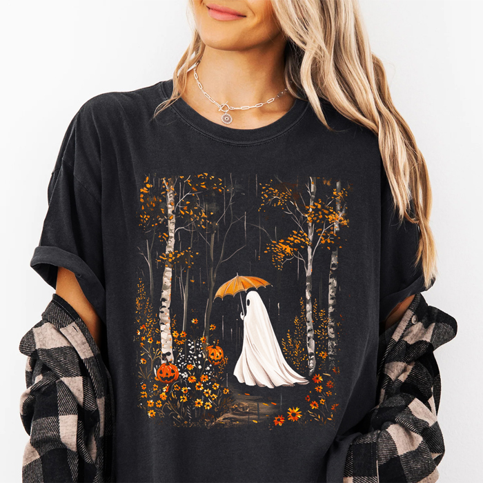Ghost With Umbrella Cute Fall Floral & Wildflowers Fall & Autumn Graphic Tee | Halloween Shirt