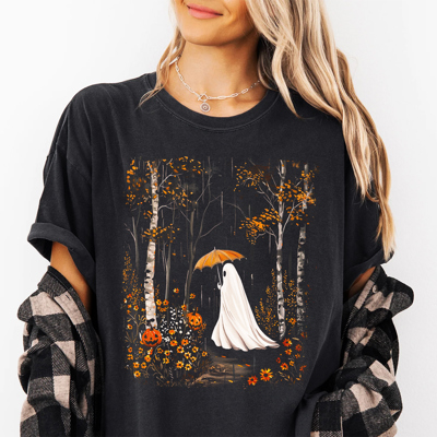 Ghost With Umbrella Cute Fall Floral & Wildflowers Fall & Autumn Graphic Tee | Halloween Shirt