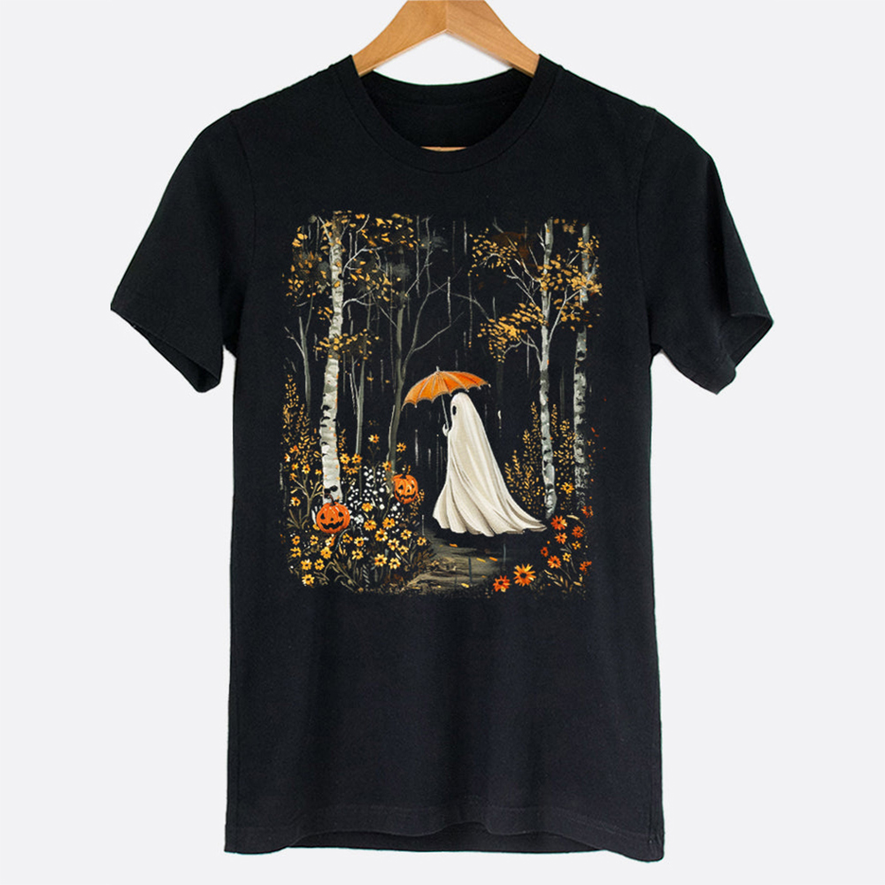 Ghost With Umbrella Cute Fall & Floral Halloween Graphic Tee