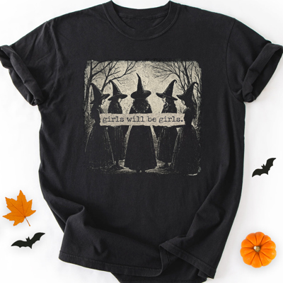 Vintage Salem Witch Girls Will Be Girls Fall & Autumn Graphic Tee | Halloween Shirt