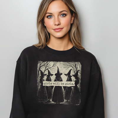 Vintage Salem Witch Girls Will Be Girls Fall & Autumn Graphic Sweatshirt | Halloween Shirt