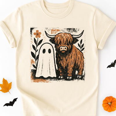 Grunge Highland Cow Ghost & Wildflower Floral Farm Fall & Halloween Graphic Tee | Halloween Shirt