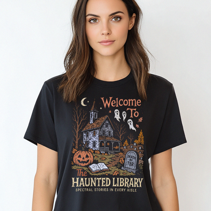 Haunted Library Book Lover Fun Ghost Pumpkin Teacher Fall & Autumn Graphic Tee | Halloween Shirt