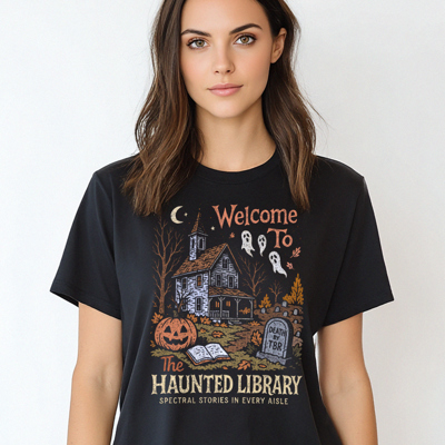 Haunted Library Book Lover Fun Ghost Pumpkin Teacher Fall & Autumn Graphic Tee | Halloween Shirt
