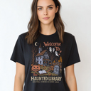  Haunted Library Book Lover Fun Ghost Pumpkin Teacher Fall & Autumn Graphic Tee | Halloween Shirt