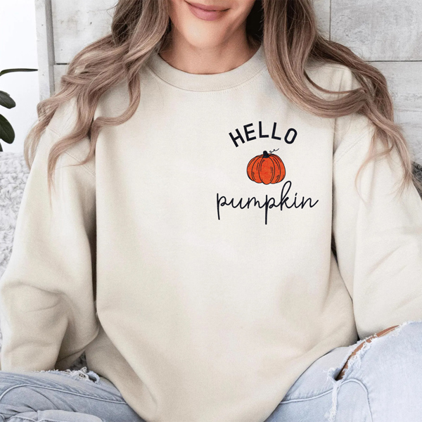 Hello Pumpkin Fall & Halloween Pocket Graphic Sweatshirt