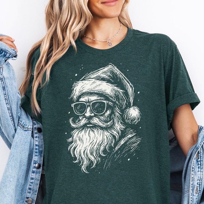 Cool Hip Santa & Sunglasses Sketch Vintage Christmas Holiday & Winter Graphic Tee | Christmas Shirt