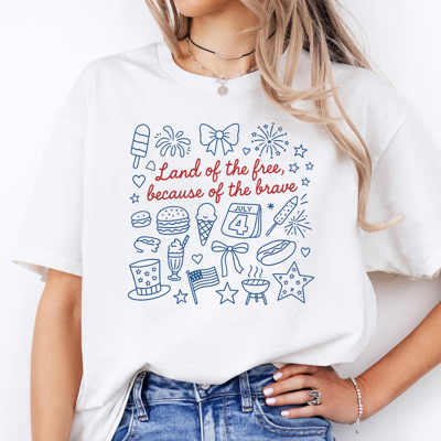 Land Of The Free Patriotic Doodle USA 4th Of July Graphic Tee