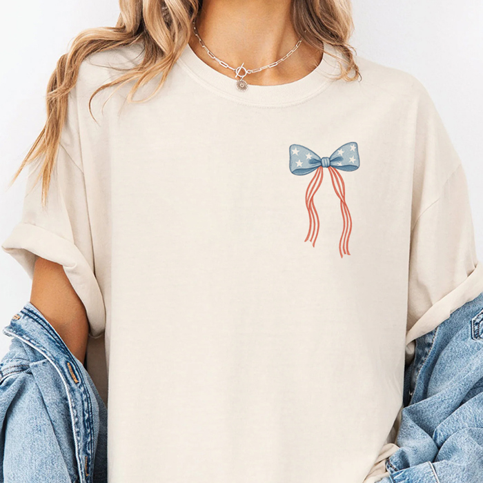 Land Of The Free America Flag Bow Patriotic Graphic Tee | 4th Of July Shirt