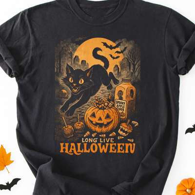 Long Live Halloween Salem Black Cat & Pumpkin Fall & Autumn Graphic Tee | Halloween Shirt