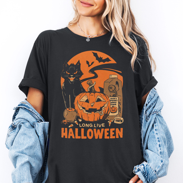 Long Live Halloween Retro Cat & Pumpkin Graphic Tee