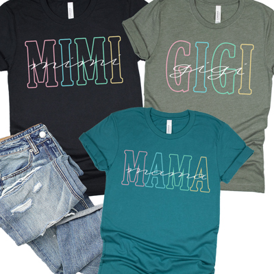 Personalized Mama Outline Graphic Tee, GiGi Mimi Mom Aunt Mama Shirt