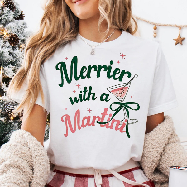 Merrier With A Martini Retro Christmas Graphic Tee