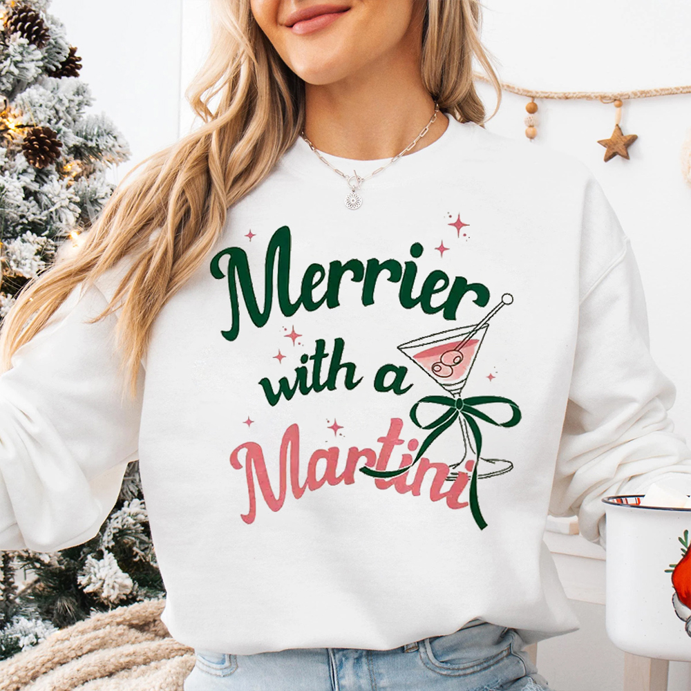 Merrier With A Martini Fun Retro Christmas Graphic Sweatshirt